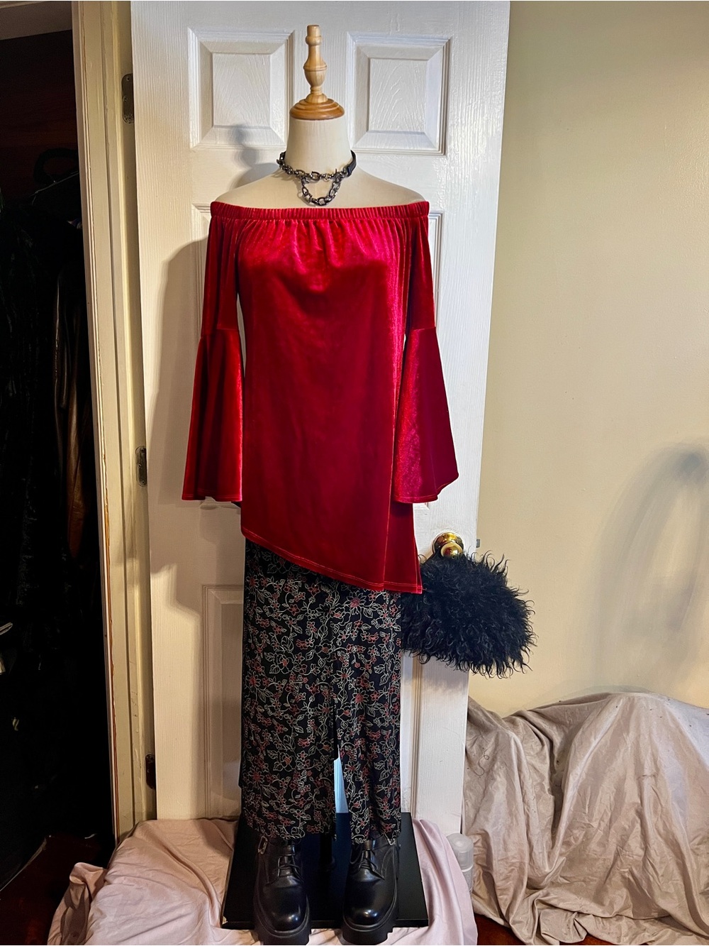 Red Velvet Off Shoulder Bell Sleeve Asymmetric Boho Witchy Vamp Whimsigoth Top M